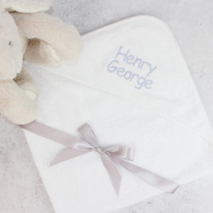Personalised Embroidered White and Silver Hooded Baby Towel