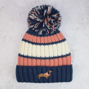 Dachshund Dog Striped Chunky Cable Bobble Hat - Blue & Peach