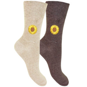 Women's Sunflower Embroidered HoneyComb Top Comfort Socks (2 Pair Pack) - Cream & Chocolate