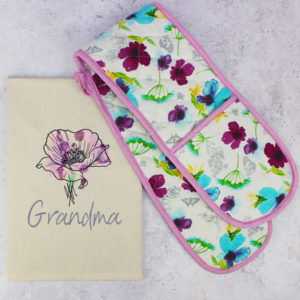 Personalised Floral Embroidered Tea Towel and Oven Glove Gift Set