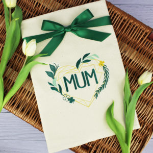 Embroidered Mum Floral Geometric Heart Tea Towel
