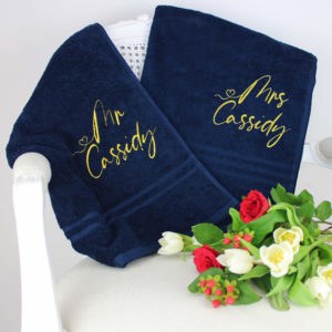 Personalised Mr & Mrs Gold Embroidered Wedding Gift Bath Towel Set