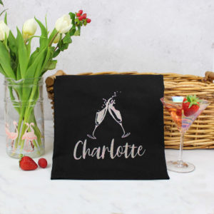 Personalised Pink Embroidered Glitter Champagne Black Tea Towel
