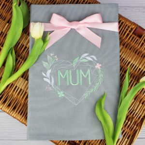 Embroidered Mum Floral Geometric Heart Tea Towel