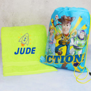 Personalised Toy Story School Swimming Bag & Lime Rocket Bath Towel Set