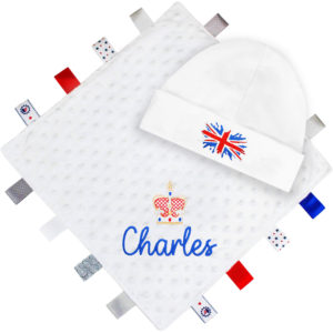 Personalised Union Jack Crown British Baby Comforter & Hat