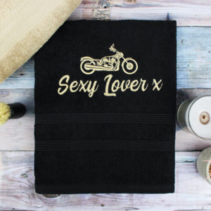 Personalised Embroidered Gold Motorbike Black Hand Towel