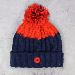 Men's Poppy Fleece Lined Navy and Red Cable Chunky Knit Bobble Hat