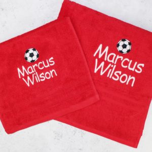 Children's Personalised Red Football Towel & Face Cloth Flannel Gift Set