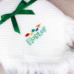 Personalised Embroidered White Dinosaur Shawl Baby Blanket