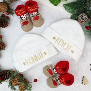Personalised Christmas Baby Hat and Sock Booties Gift Set