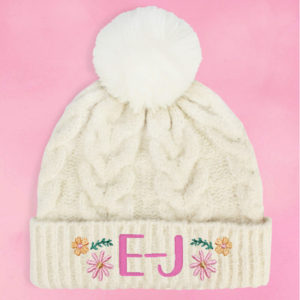 Personalised Girls Boho Floral Embroidered Bobble Hat