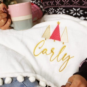Personalised Luxury Cream & Gold Christmas Tree Pom Pom Blanket