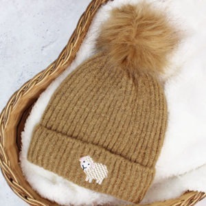Women's Embroidered Sheep Bobble Hat - Caramel
