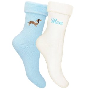 Ladies Personalised Sausage Dog Thermal Bed Socks Gift Set - Pastel Blue