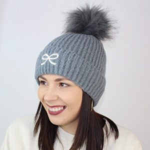 Embroidered Silver Bow Bobble Hat