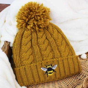 Women's Embroidered Bumblebee Mustard Bobble Hat