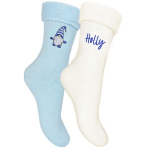 Personalised Embroidered Gonk Bed Socks (2 Pairs) - Sky Blue & Cream