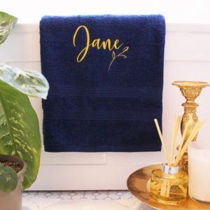 Personalised Navy & Gold Leaf Embroidered Towel
