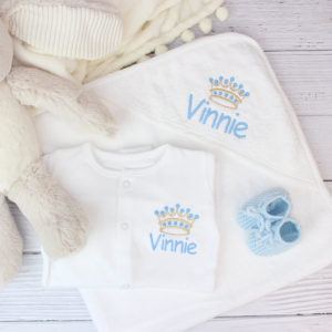 Personalised Crown Baby Grow, Hooded Towel & Booties Gift