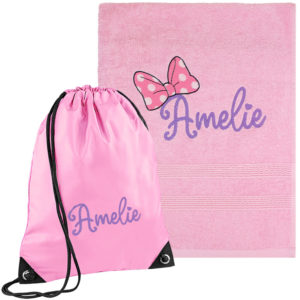 Personalised Pink Bow Bath Towel & School Gym Bag Set