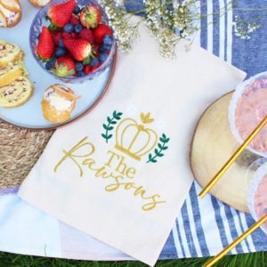 Personalised Gold & Floral Crown Coronation Tea Towel