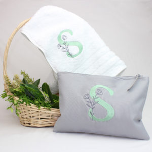 Personalised Initial Grey Floral Cosmetic Bag & White Hand Towel Set