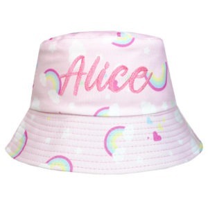 Personalised Girl's Rainbows Pink Embroidered Bucket Style Sun Hat
