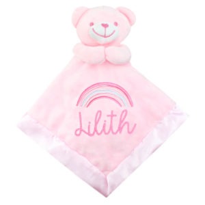 Personalised Embroidered Pink Rainbow Teddy Baby Comforter