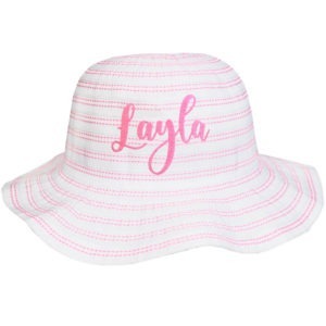 Personalised Girl's Wide Brim Embroidered White Sun Hat - Pink, 7-10 Years