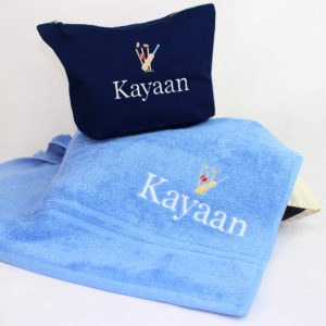 Personalised Cricket Bath Towel & Blue Toiletry Bag Gift Set