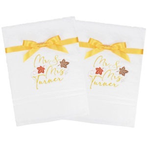Personalised Mr & Mrs Autumn White Embroidered Wedding Towels Gift Set