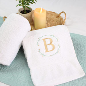 Personalised White Embroidered Wreath & Initial Hand Towel