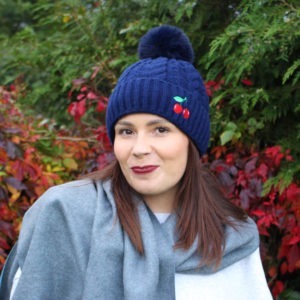 Women's Cherry Embroidered Luxury Fleece Lined Bobble Hat (Navy)