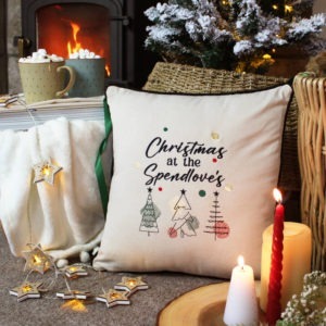 Personalised Christmas Tree Cushion Cover with Embroidered Family Name