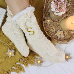 Personalised Glitter Cable Fluffy Embroidered Bed Slipper Socks