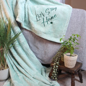 Let's Stay Home Sage Green Embroidered Fleece Waffle Throw
