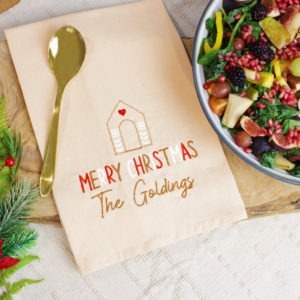 Personalised Christmas Gingerbread House Embroidered Tea Towel