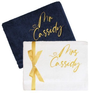 Personalised Mr & Mrs Embroidered Gold Wedding Gift Bath Towel Set