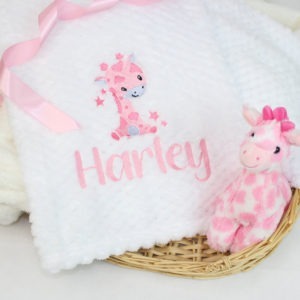 Personalised Baby Giraffe Embroidered White Waffle Blanket