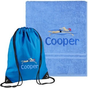 Personalised Embroidered Blue Swimming Towel & Gym Bag Set