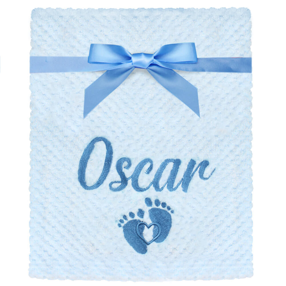 Personalised Embroidered Footprint Blue Fluffy Baby Blanket