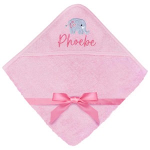 Personalised Embroidered Elephant Pink Hooded Baby Towel