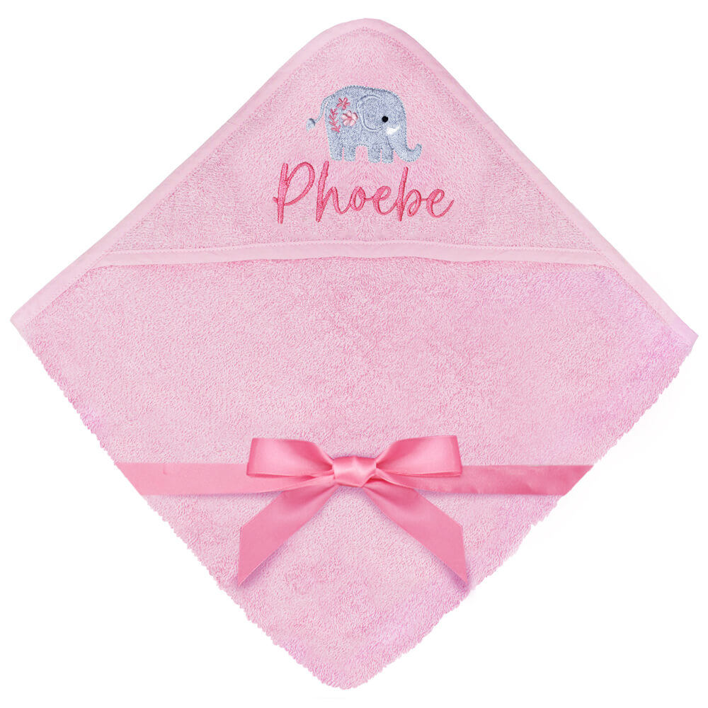 Personalised Embroidered Elephant Pink Hooded Baby Towel