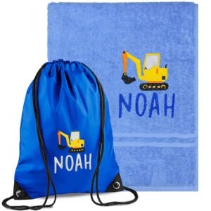 Personalised Digger Blue Swimming Towel and Gym Bag Set