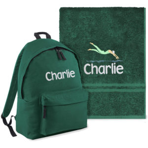 Personalised School Swimming Towel & Green Backpack Bag Set