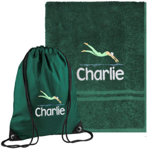Personalised Children's Swimming Towel & Green Gym Bag Set