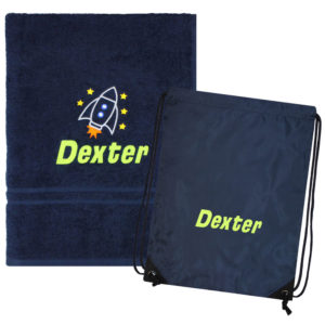 Personalised Rocket School Navy Gym Bag & Swimming Towel Set