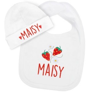 Personalised Embroidered Strawberry Baby Bib and Hat