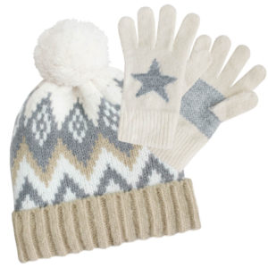 Women's Chevron Fairisle Cream Bobble Hat & Gloves